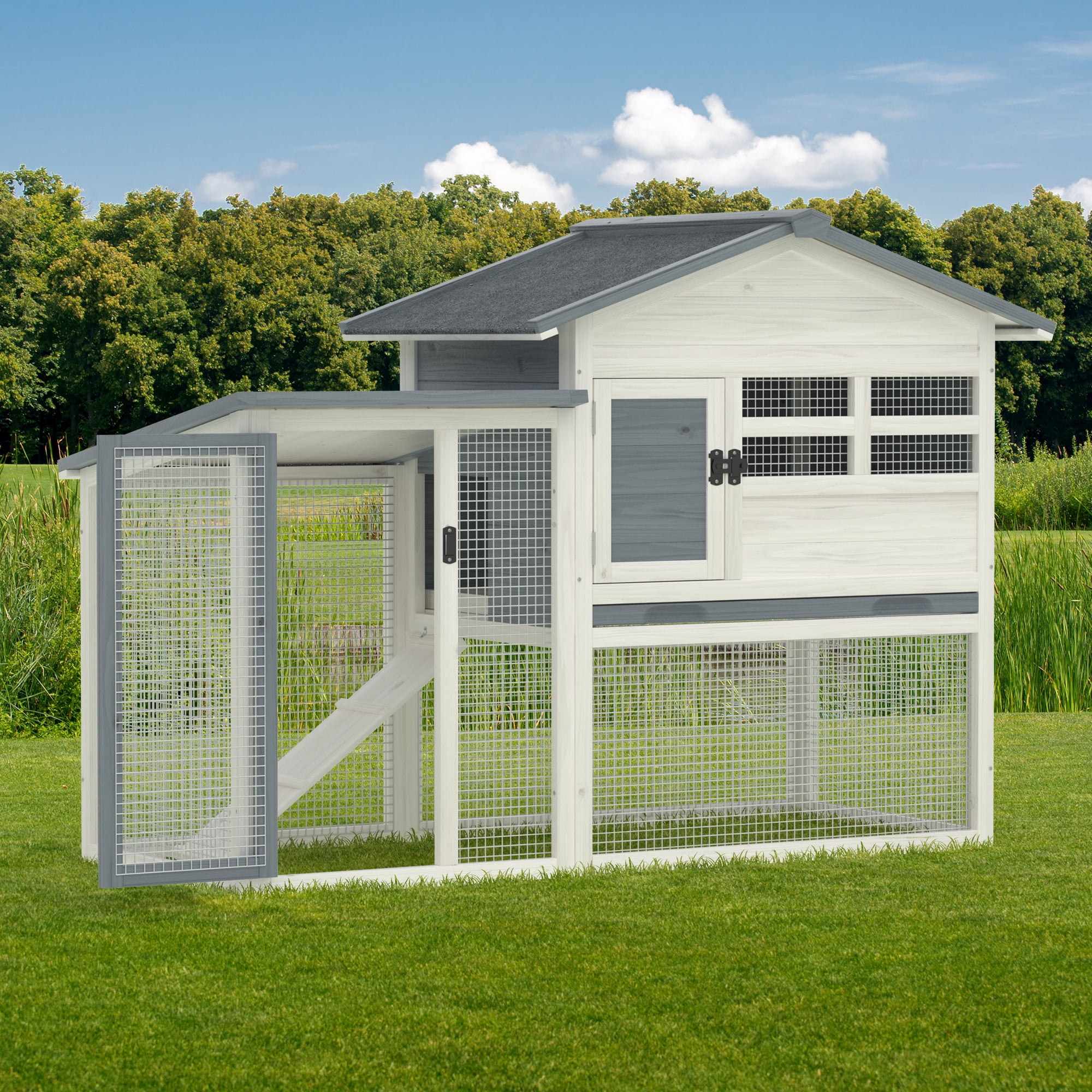 Rabbit Hutch Indoor Bunny Cage Outdoor Chicken Coop Bunny House Wooden Guinea Pig Cages with Waterproof Top, Pull Out Tray & Ramp