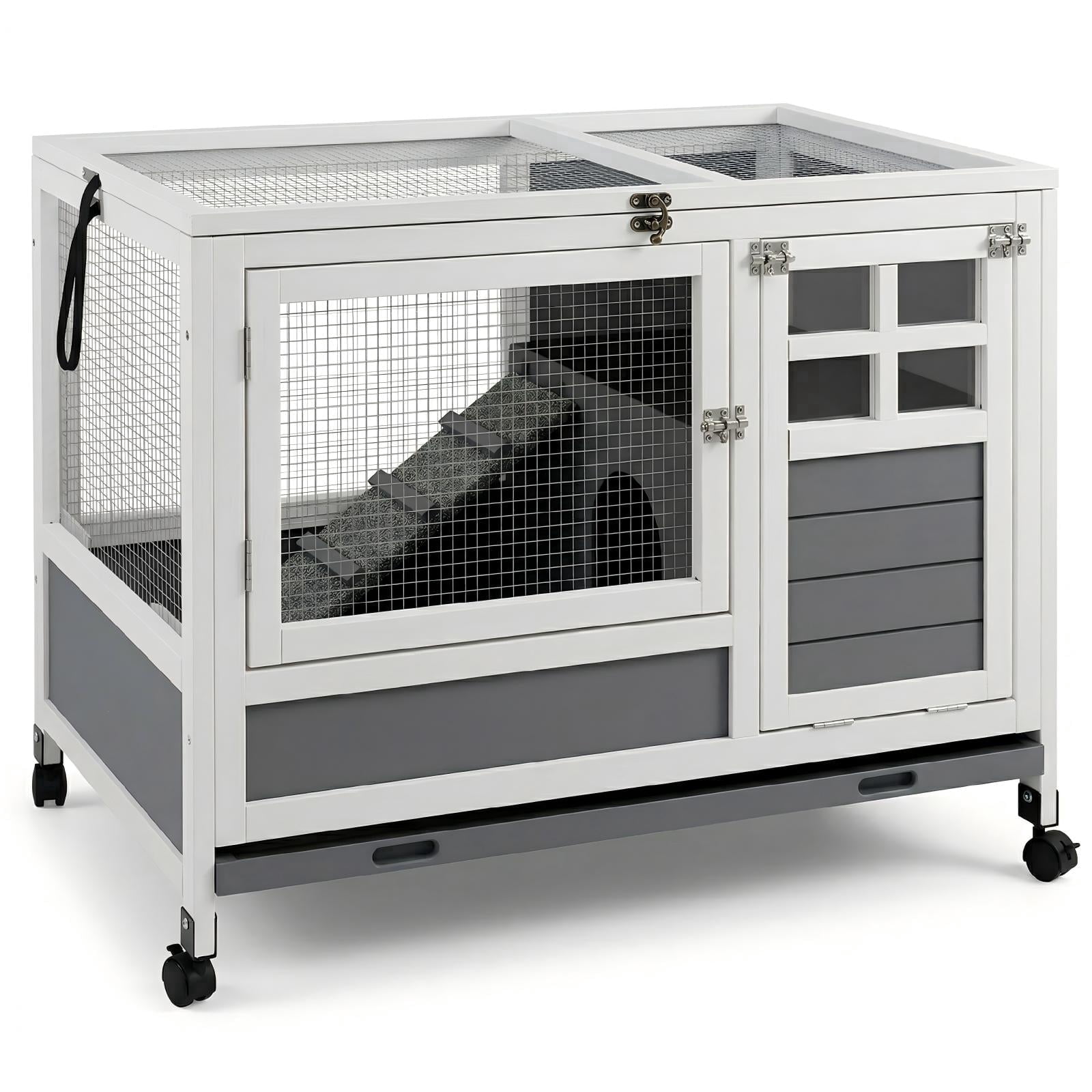 Rabbit Hutch Indoor with Chew-Proof Ramp & Leak-Proof Trays Urine Guards/Netting Floor,Doors.37 Wooden Rabbit Cage with Wheels for Rabbits, Guinea Pigs Small Animal