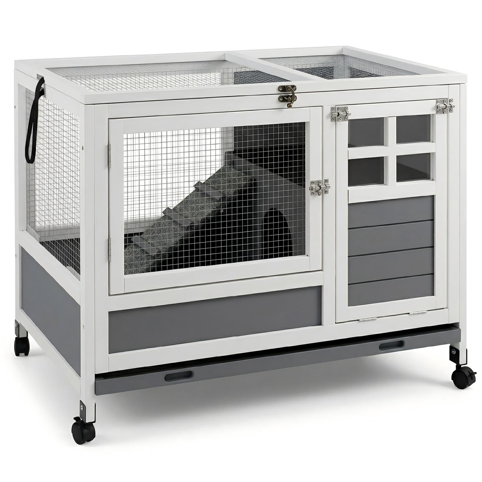Rabbit Hutch Indoor with Chew-Proof Ramp & Leak-Proof Trays Urine ...