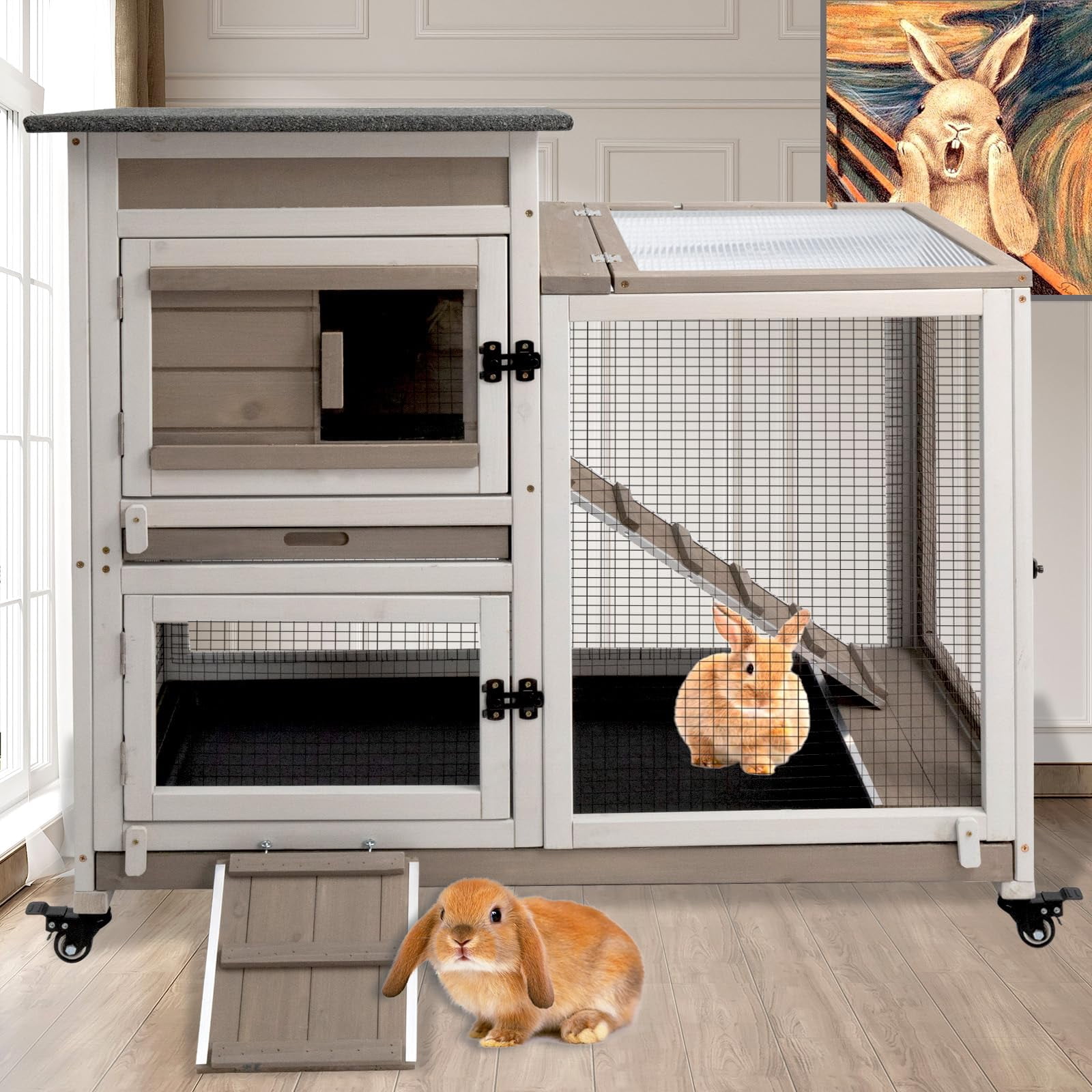 Rabbit Hutch Indoor Outdoor 40 Inch Large 2 Story Wooden Bunny Cage with Run, 4 Lockable Wheels & Deep Trays, UV Proof Panel Pet House for Rabbits Guinea Pigs Small Animals, grey