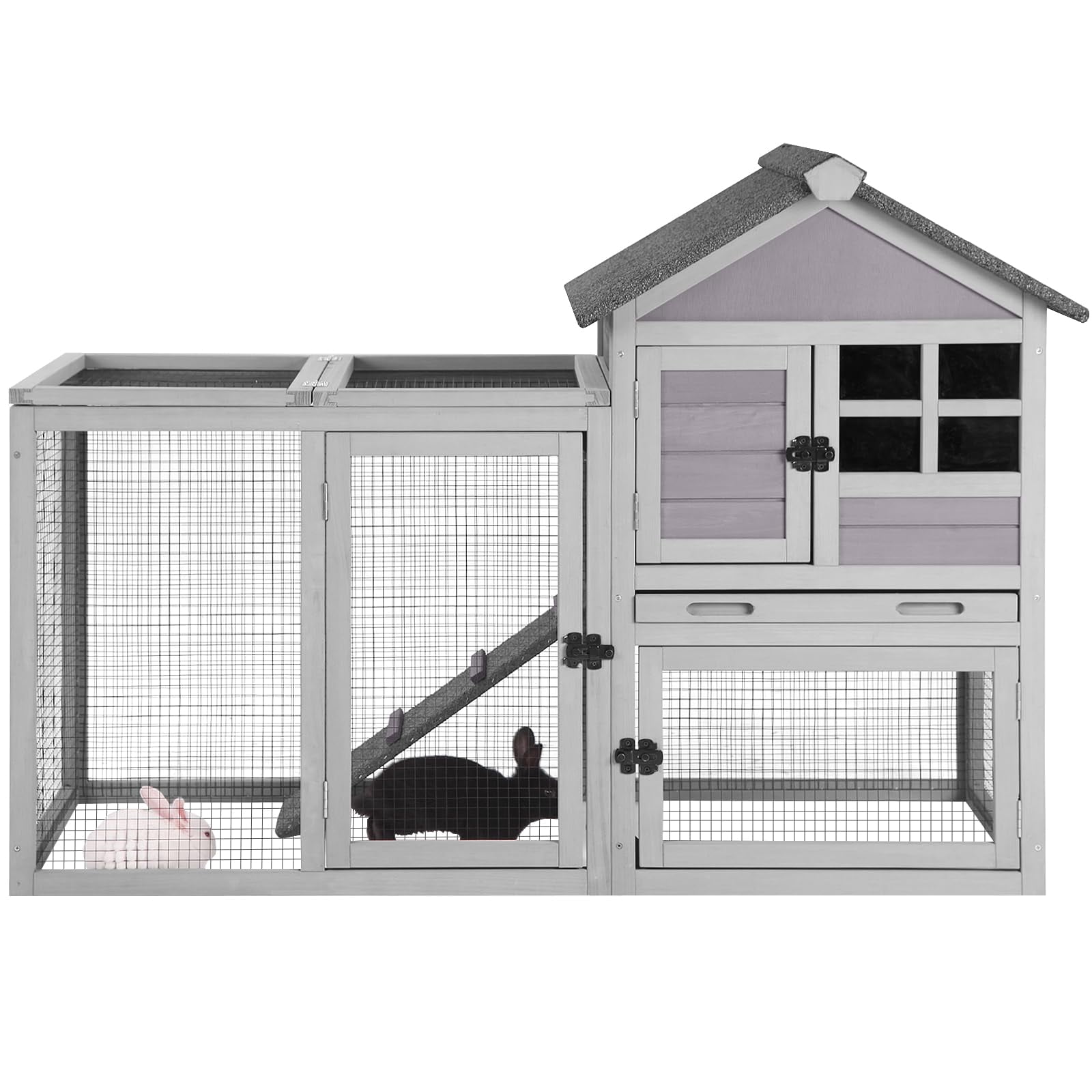 Rabbit Hutch Indoor Outdoor Bunny Cage Expandable with Run Guinea Pig House 51.6 Inch Grey Waterproof Asphalt Roof for Small Animals