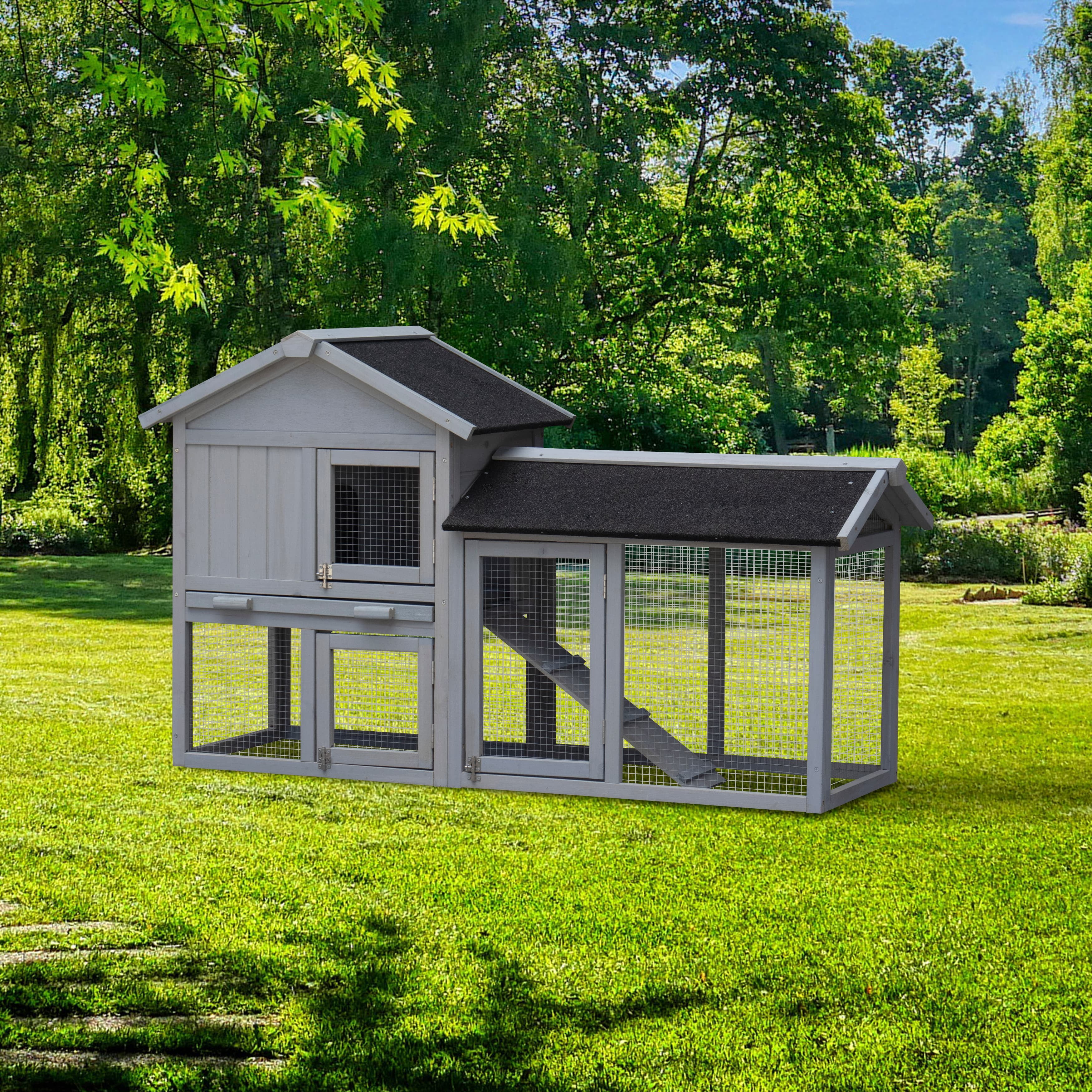Rabbit Hutch Indoor & Outdoor Bunny Cage, Extensible Chicken Coop with Large Run Space, No-Leak Deeper Plastic Pull-Out Tray, Asphalt Roof Small Animal House