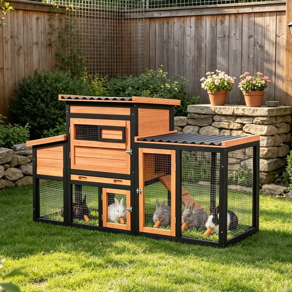 Rabbit Hutch Indoor Outdoor Bunny Cage Rabbit cage with Run, Deeper No Leak Tray, Weatherproof