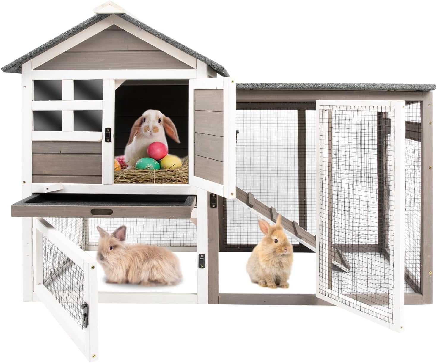 Rabbit Hutch-Indoor Outdoor Rabbit Hutch with Pull Out Tray Large Rabbit Hutch FirWood Bunny Hutch Indoor Guinea Pig Cages Waterproof Asphalt Roof