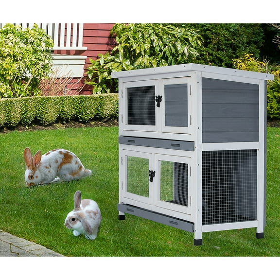Rabbit Hutch Indoor & Outdoor Use, Two-Tier Animal Hutch with Flip-up Roof