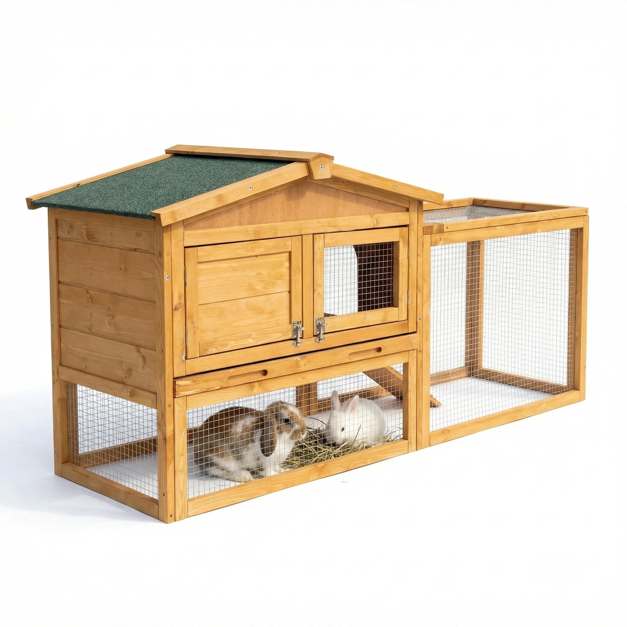Rabbit Hutch Indoor and Outdoor, Wooden 60in 2-Story Rabbit Bunny Cage with Removable Wire Netting and Leak Proof Tray Anti-Chew Metal Frame Ramp for Small Animals, Weatherproof (Natural)
