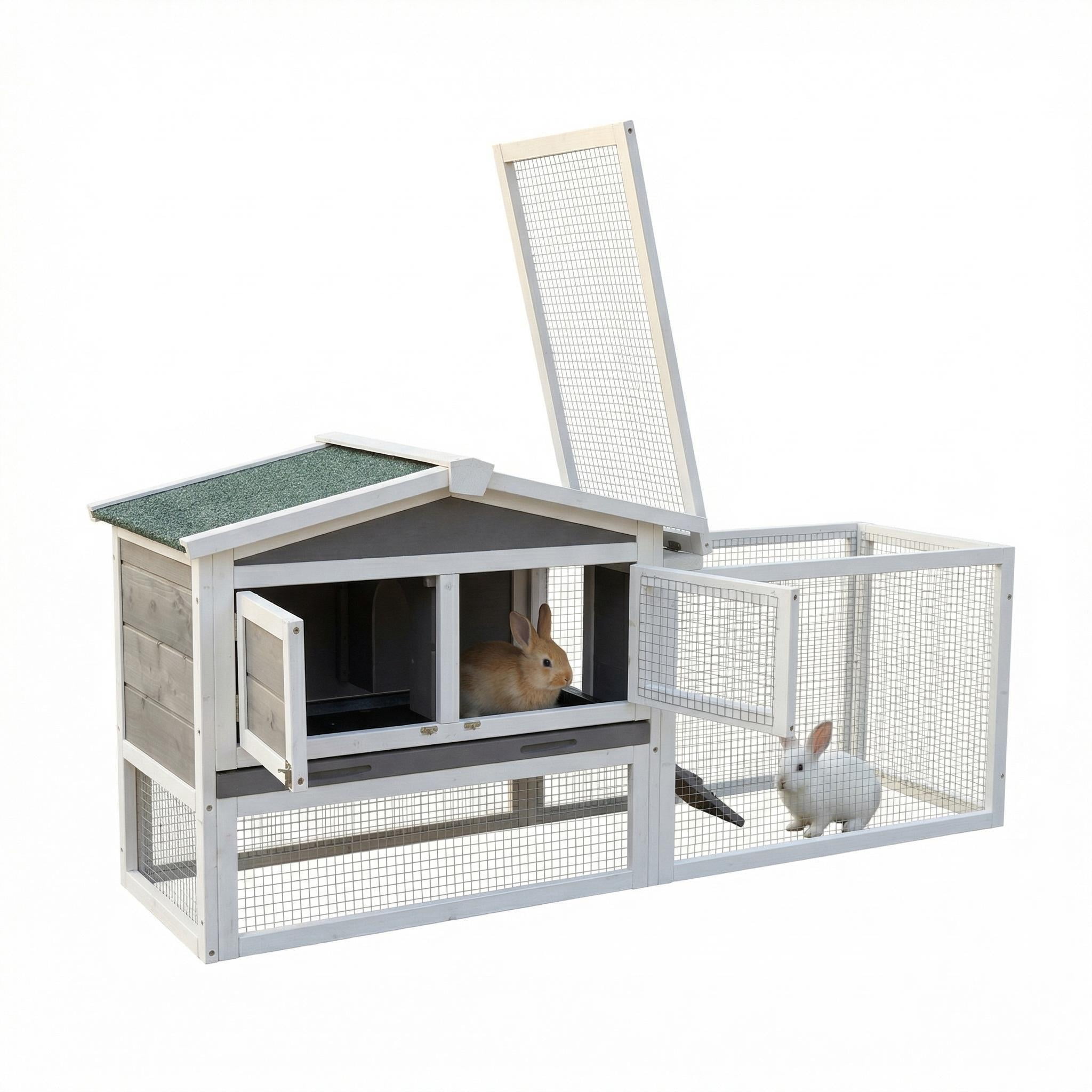 Rabbit Hutch Indoor and Outdoor, Wooden 60in 2-Story Rabbit Bunny Cage with Removable Wire Netting and Leak Proof Tray Anti-Chew Metal Frame Ramp for Small Animals, Weatherproof (Grey)
