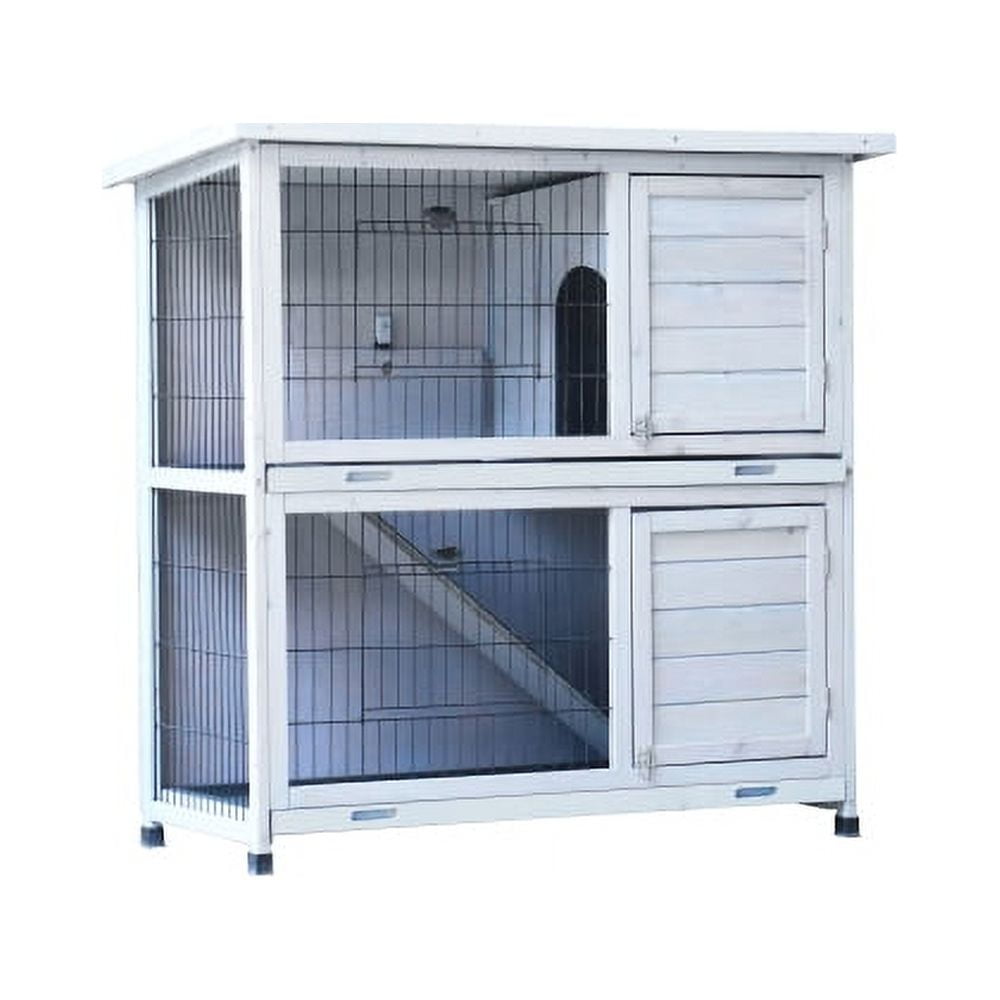 Rabbit Hutch Outdoor, 2-Story Rabbit Cage Indoor with Run, Bunny Cage with 2 Removable No-Leak Trays, Pet Cages with Non-Slip Ramp, Waterproof Roof, Fence, for Small Animals