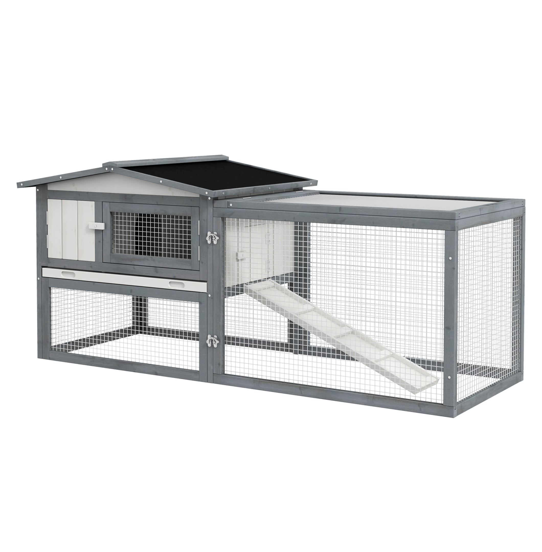 Rabbit Hutch Outdoor 2-Tier 61" L Wooden Cage for Rabbits Guinea Pigs - White