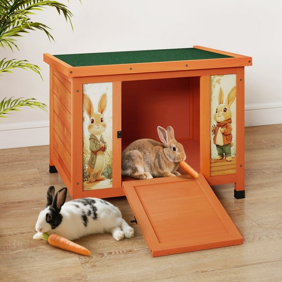 24'' Small Rabbit Hutch Outdoor, Bunny Cage for Small Animal with Weatherproof & Openable Top, Wooden Cat House for Indoor & Outdoor Use