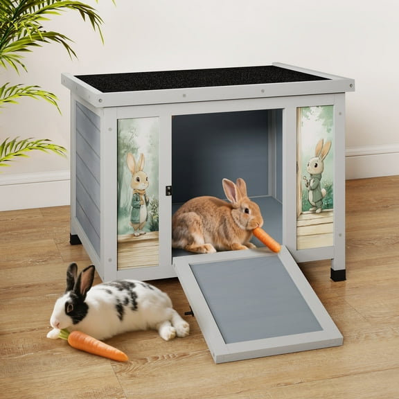 24'' Small Rabbit Hutch Outdoor, Bunny Cage for Small Animal with Weatherproof & Openable Top, Wooden Cat House for Indoor & Outdoor Use (Grey)