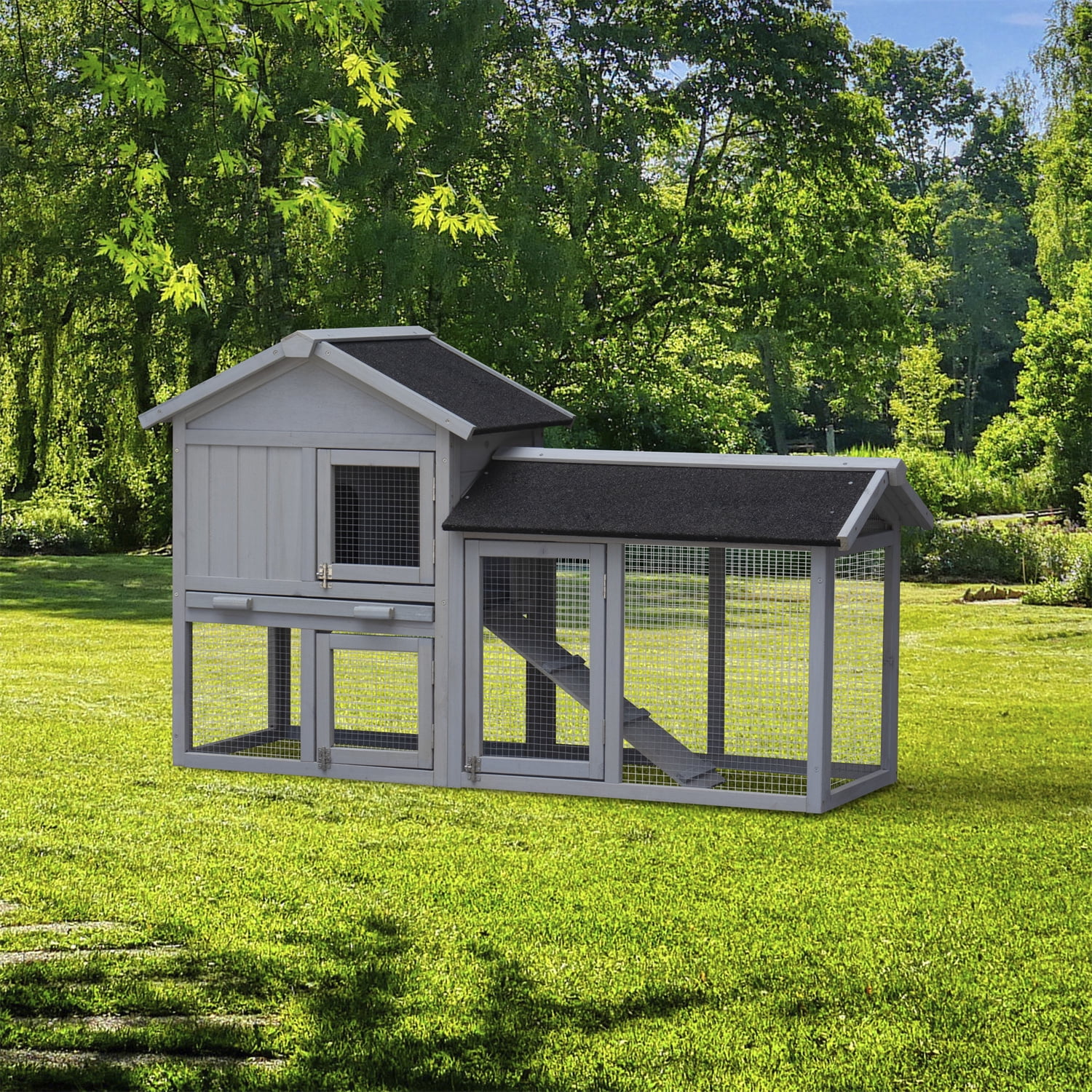 Rabbit Hutch Outdoor Bunny Cage Indoor, Extensible Chicken Coop with Large Run Space, No Leak Plastic Tray