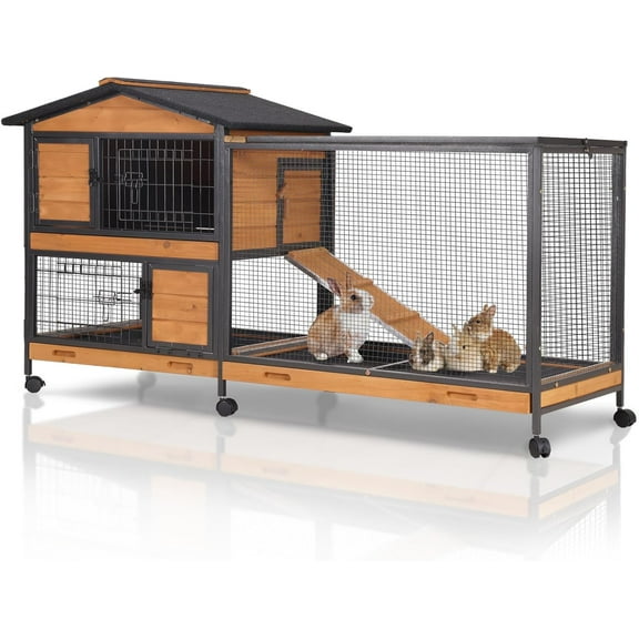 Rabbit Hutch Outdoor,Bunny Cage with Wheels and Removable Proof Tray,Weatherproof Rabbits Cage Indoor with Chew-Resistant Metal Frame