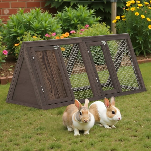 Rabbit Hutch Outdoor Small Chicken Coop Wooden Triangle Cage w/ Run and Ventilated Wire Mesh for Quail Reptile Small Animal, Brown