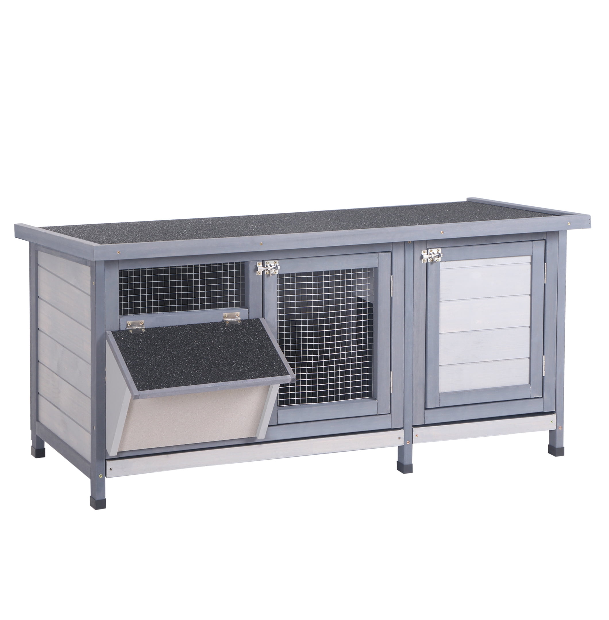 Rabbit Hutch Wooden Bunny Cage - Indoor Outdoor Guinea Pig Habitat w/ Roof & Trough - Gray