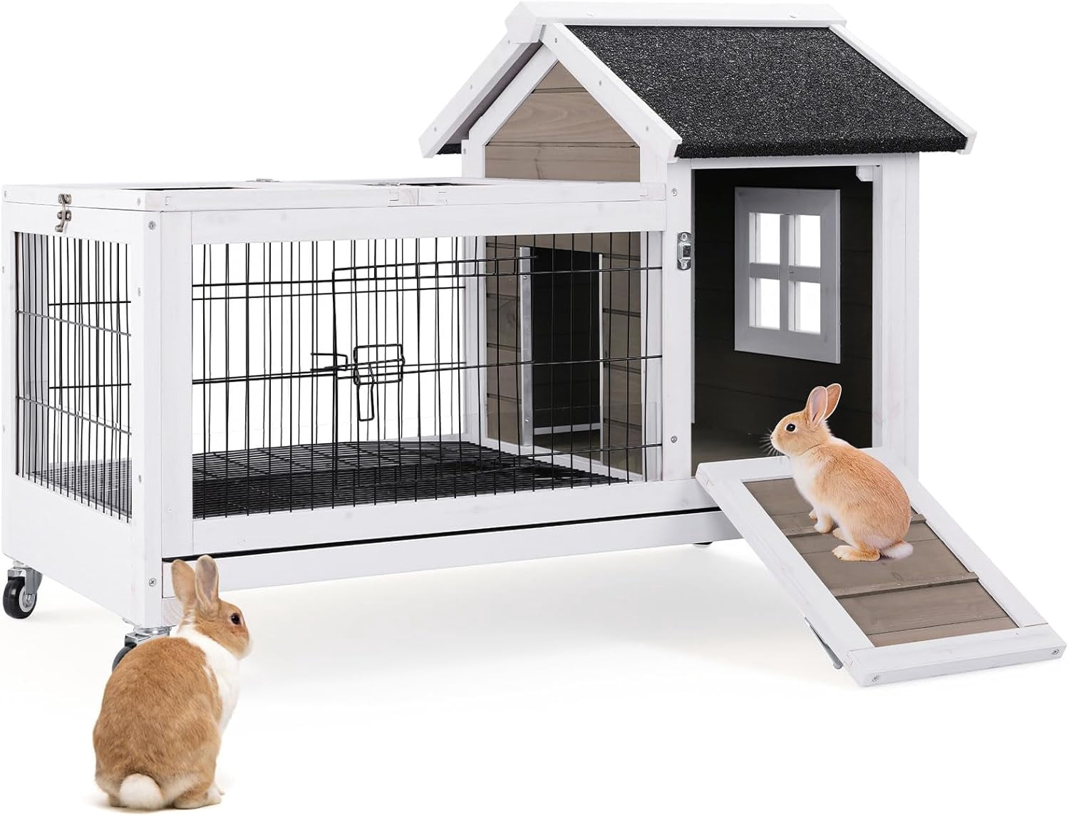 Rabbit Hutch Wooden Bunny Cage Rabbit Cage Outdoor Indoor Bunny Hutch Rabbit House on Wheels Small Animal Cage with 3 Urine Baffles