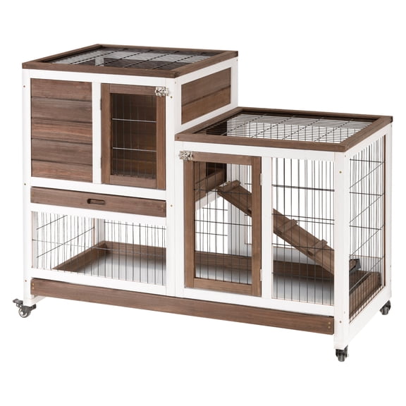 Rabbit Hutch Wooden Elevated Bunny Cage, Indoor Outdoor Small Animal Habitat with Wheels & Ramp, Removable Trays for Rabbits Guinea Pigs Chickens