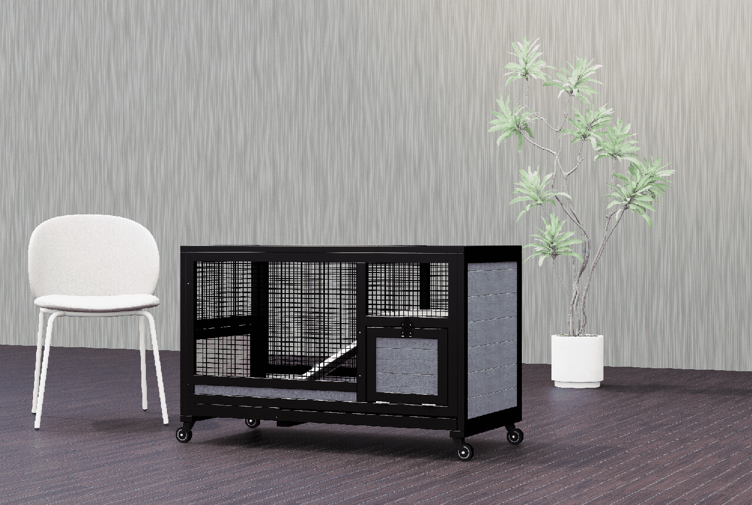 Rabbit Hutch with Wheels for Indoor Outdoor, Wooden Rabbit Cage with Removable Leak Proof Tray, Mobile Bunny Cage