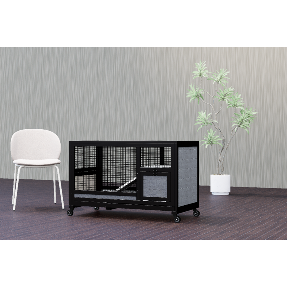 Rabbit Hutch with Wheels for Indoor Outdoor, Wooden Rabbit Cage with Removable Leak Proof Tray, Mobile Bunny Cage