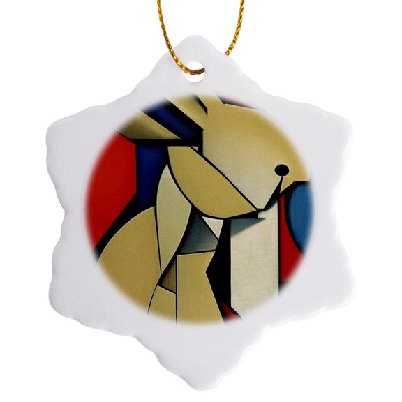3drose, Rabbit in a Geometric Abstract Art Style, 3 inch Snowflake Porcelain Ornament