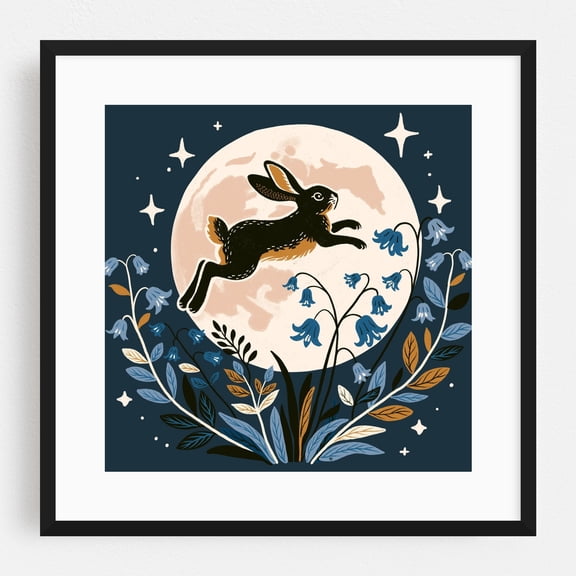 Rabbit In The Moonlight - Drawing Moon Floral Night Sky Illustration Whimsical Animal Black Framed Wall Art Print 20 x 20 inches