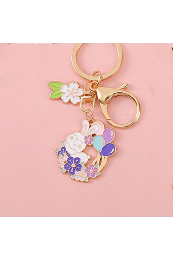 Rabbit Keychain Cartoon Keyring with Cherry Blossom Decoration Flower and Leaf Design Trendy Alloy Oil Dropping Key