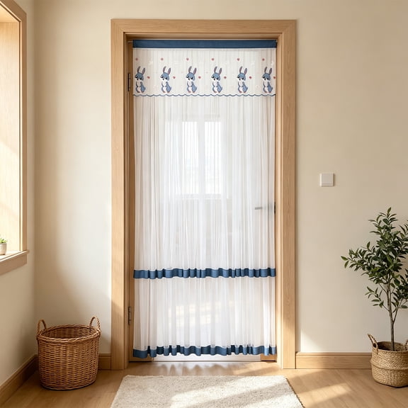 Rabbit Lace Door Curtain 79 x 39 in Double Layer Mesh Screen Curtain, Insect Proof Sheer Room Divider with No Drill Installation for Kitchen Bedroom Living Room Home Decor