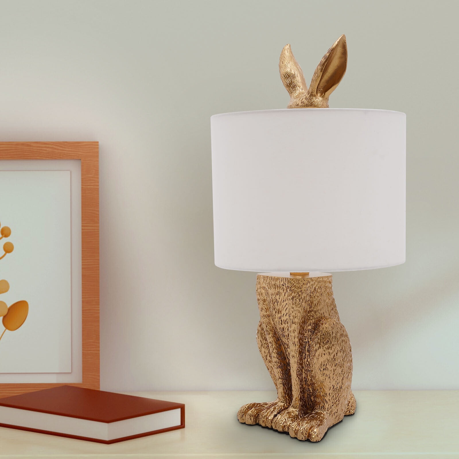 YHT Bunny Table Lamp - Cute Rabbit LED Desk Light With Linen Shade, 3-Color Temperature, 15.7 Inch, Gold Base (White)