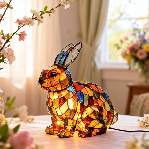 Rabbit Lamp Stained Glass, Retro Rabbit Stained Resin Tabletop Night Light - Cute Pet Themed LED Lamp, Animal Series, Gift for Rabbit Lovers