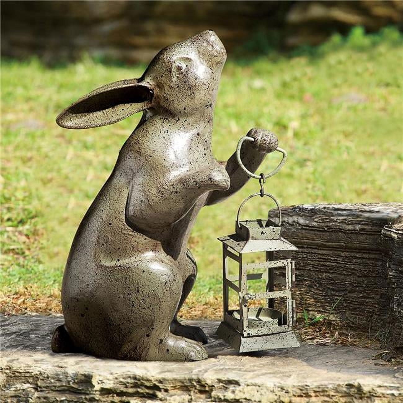 Rabbit Lantern Antique Bronze Metal Garden Sculpture