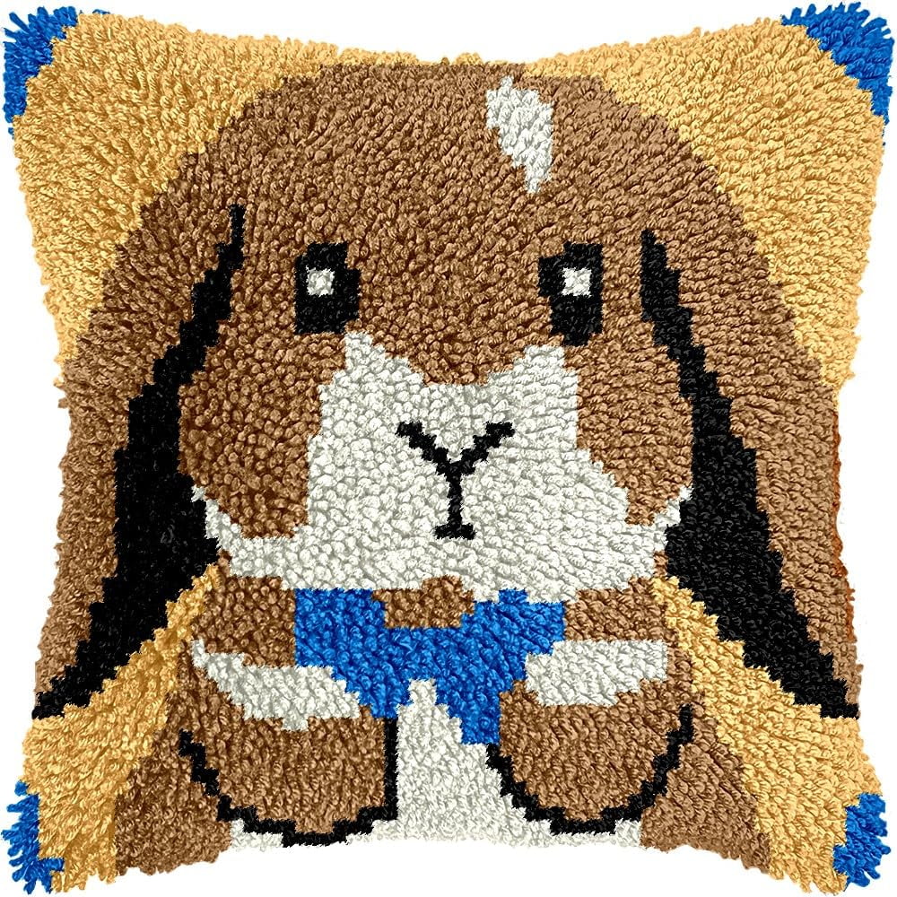 Rabbit Latch Hook Pillow Cover Kits for DIY Handmade Throw Pillow Cross Stitch Latch Hooking Pillowcase Kits with Preprinted Color Pattern Canvas Crochet Yarn Kits 17''X 17''(8-124)