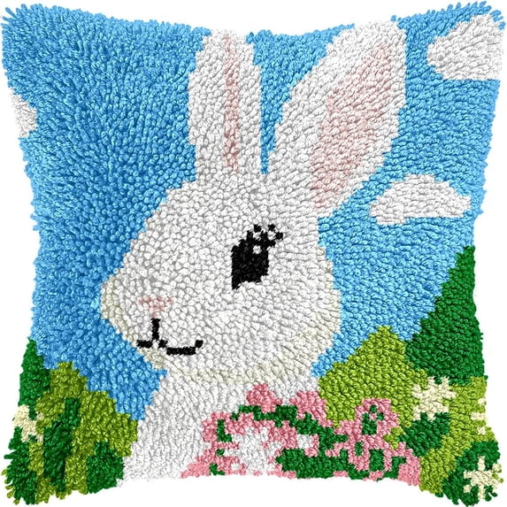 Rabbit Latch Hook Pillow Kits DIY Pillowcase Cushion Cover Crochet Hooking Pillow Making Kits with Color Pattern Canvas Crochet Hooking Kits Pillow 43x43cm(Z152)