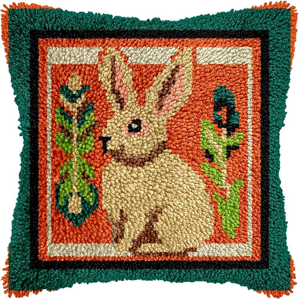 Rabbit Latch Hook Pillow Kits for DIY Throw Pillow Cushion Embroidery Latch Hooking Pillowcase Kits with Preprinted Canvas Crochet Yarn Kits for Home Decor 17''X 17''(d52)