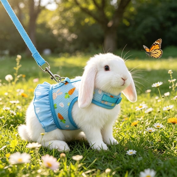 Rabbit Leash and Harness Set, Escape-Proof Cute Floral Mesh Vest, Breathable Rabbit Clothes for Bunnies, Hiking, Training for Ferret Kitten Puppy Small Pet Harness (Blue, S)