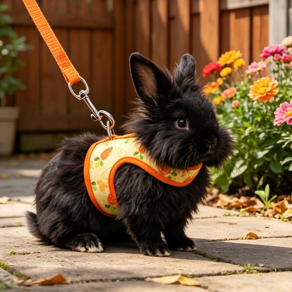 Rabbit Leash and Harness Set, Escape-Proof Cute Floral Mesh Vest, Breathable Rabbit Clothes for Bunnies, Hiking, Training for Ferret Kitten Puppy Small Pet Harness (Orange, S)
