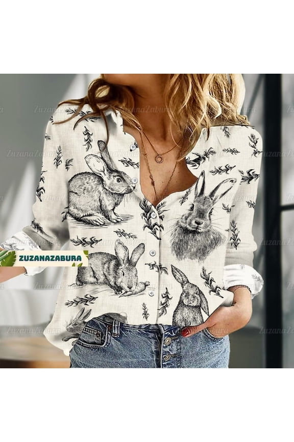 Rabbit Linen-Look Shirt, Animal Lover Women Shirt, Natural Long Sleeve Shirt, Buuny Easter Blouse Shirt, Shirt For Women, Gift For Her