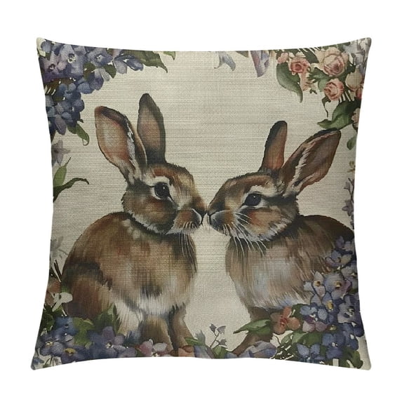 Rabbit Linen Throw Pillow Case Watercolor Easter Bunny with Floral Wreath Pillow Cushion Covers Home Sofa Decorative