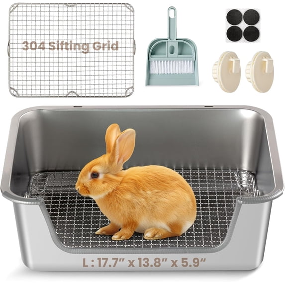 Rabbit Litter Box, Extra Large Bunny Litter Box with 304 Stainless Steel Sifting Tray & Hooks, Rabbit Litter Box, Easy to Clean and Odor Control (17.7" × 13.8" × 5.9")