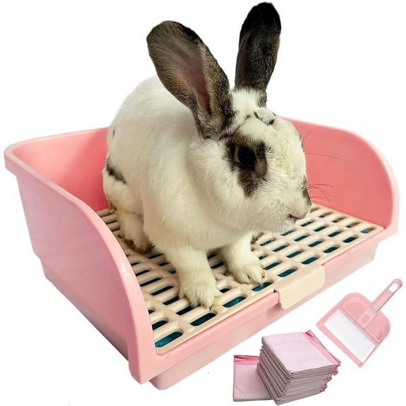 Rabbit Litter Box - Extra Large Bunny Litter Box with Grate | 17.1"x12.8", Pee Pads & Cleaning Set – Potty Training Litter Pan for Large Breed Rabbits, Guinea Pig, Ferret, Chinchilla