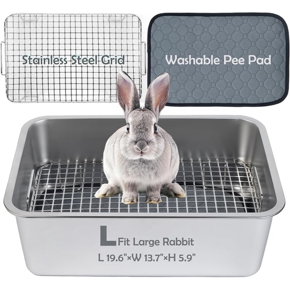 Rabbit Litter Box Stainless Steel, Large Bunny Litter Box with Raised Grid and Washable Pee Pad, Metal Litter Pan High Side for Rabbit,Small Animal Toilet Potty Tray Easy Cleaning,Less Stink