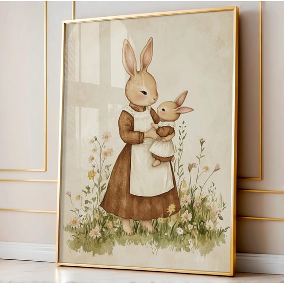 Rabbit Mom And Baby Love Wall Art, Rabbit Nursery Print, Vintage Style Nursery Wall Art, Mom & Baby Print, Girls Nursery Decor Wall Art, Modern Wall Decor, 8x12 UNFRAMED