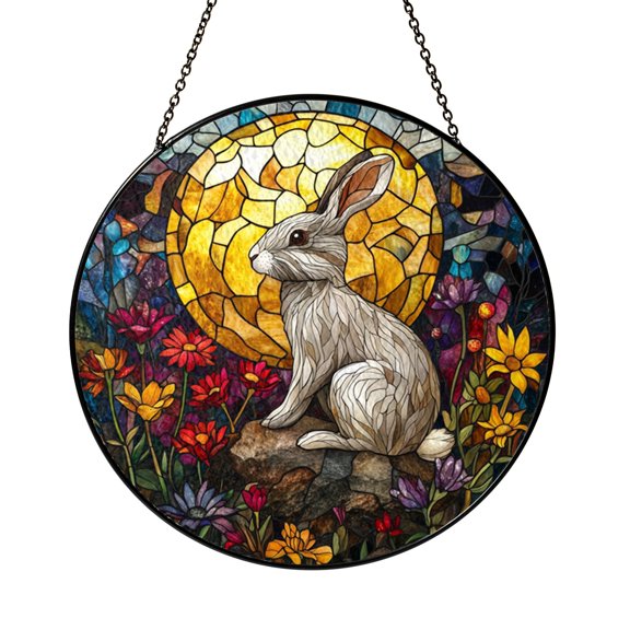 Rabbit Moon Window Hanging Decor, Stained Glass Style Fantasy Celestial Suncatcher, Decorative Glass Panel for Windows