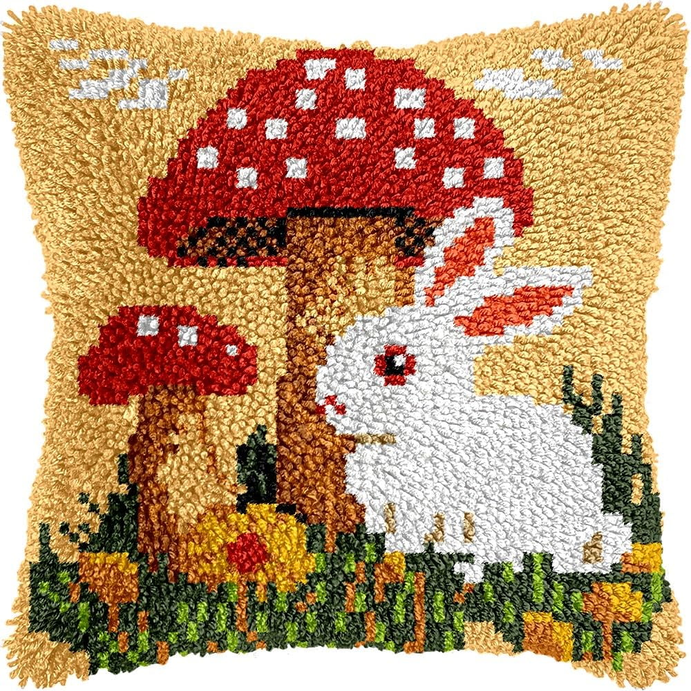 Rabbit & Mushrooms Latch Hook Pillow Kits for DIY Throw Pillow Cushion Embroidery Latch Hooking Pillowcase Kits with Preprinted Canvas Crochet Yarn Kits for Home Decor 17''X 17''(C165)