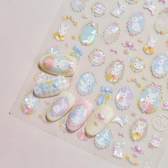 Rabbit Nail Art Sticker Easter Nail Decals Cartoon Nail Stickers for Nails Art Self Adhesive 5D Embossed with Pearl Design Nails Charm for Women DIY Manicure Supplies