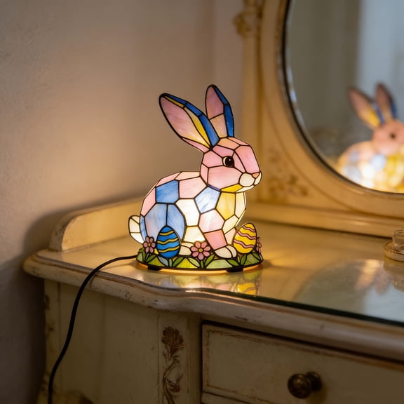 Rabbit Night Light with USB Power, Stained Glass Table Lamp for Bedroom Living Room