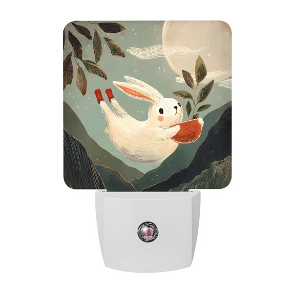 Rabbit Night Lights Plug Into Wall, LED Dusk to Dawn Sensor Night Light, Oriental Night Sky Full Moon Mountains Leaves Nightlight for Bedroom Bathroom Living Room Hallway Home Wall Decor
