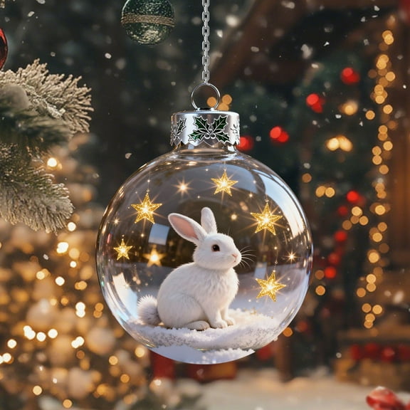 Rabbit Ornaments For Christmas Tree,2.76inch,Snowflake Ball Pendant,Vivid 3d Animal Christmas Decoration,Clear Plastic Xmas Balls,2026 Wildlife Wonders Collection Crystal Glass Ornament