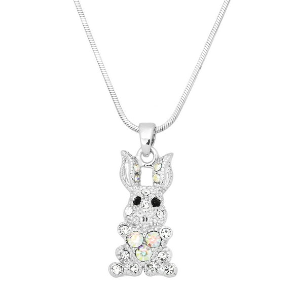 Rabbit Pendant Necklace Earring Rhinestone Crystal Rhodium Plated 17 Inch Snake Chain J0859-CR