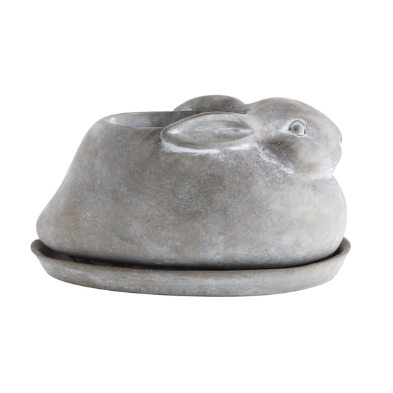 Rabbit Planter Bunny Flower Pot with Saucer, Cast Concrete 10" x 5"