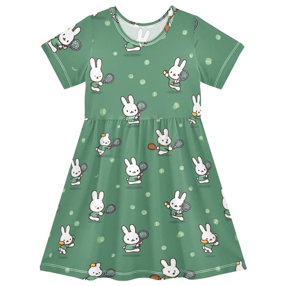 Rabbit Playing Tennis Short Sleeve Dress A-Line Cute Midi Casual Sundress 2-8 Years